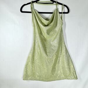 Green Glitter Sparkle Slip Mini Dress Sz M Cowl Neck Crisscross Strap Tinkerbell